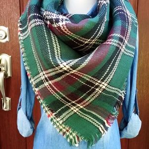 Reversible Green Tan Plaid Blanket Scarf w Fringe
